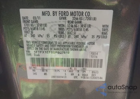 2011 Ford F-150 Xlt из США, поврежденный, VIN 1FTFX1EF8BFB27619